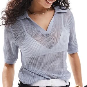 & Other Stories relaxed pointelle knitted polo top in dusty blue